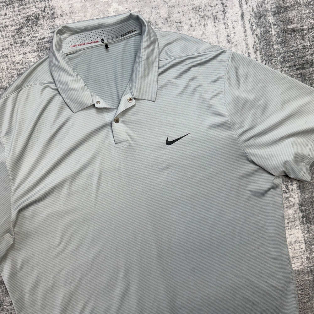 Nike Tiger Woods Golf Polo Shirt Mens XL Gray Striped Snap Collar Breathable